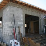 Exterior photo of roof trusses during construction