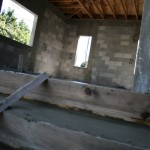 Interior photo of roof trusses during construction